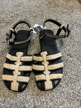 American Eagle Outfitters Black and Natural Woven Ankle-Strap Sandals